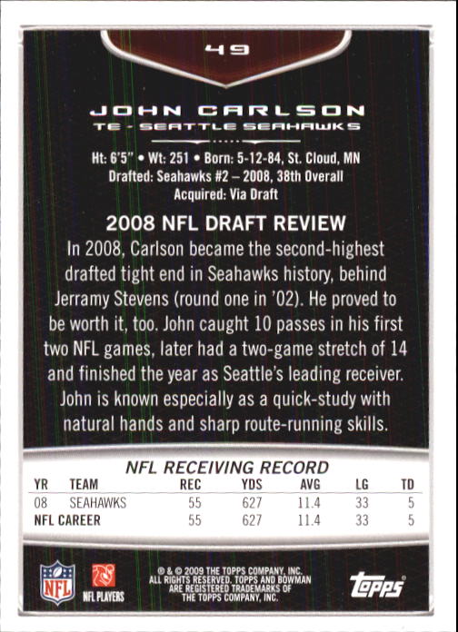 2009 Bowman Draft #49 John Carlson back image