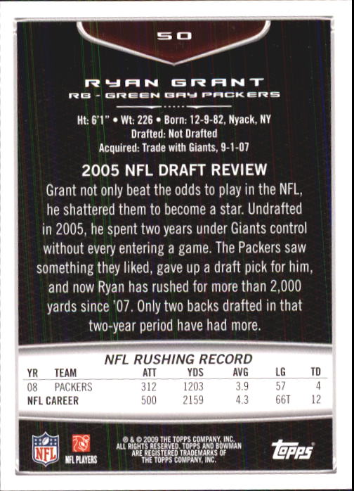 2009 Bowman Draft #50 Ryan Grant back image