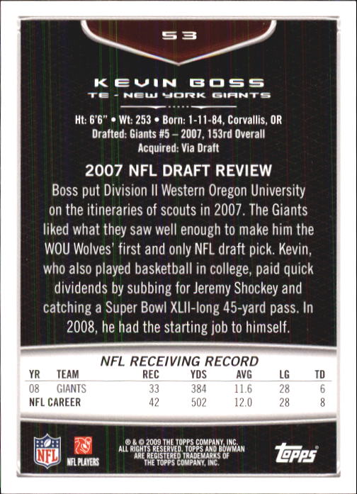 2009 Bowman Draft #53 Kevin Boss back image