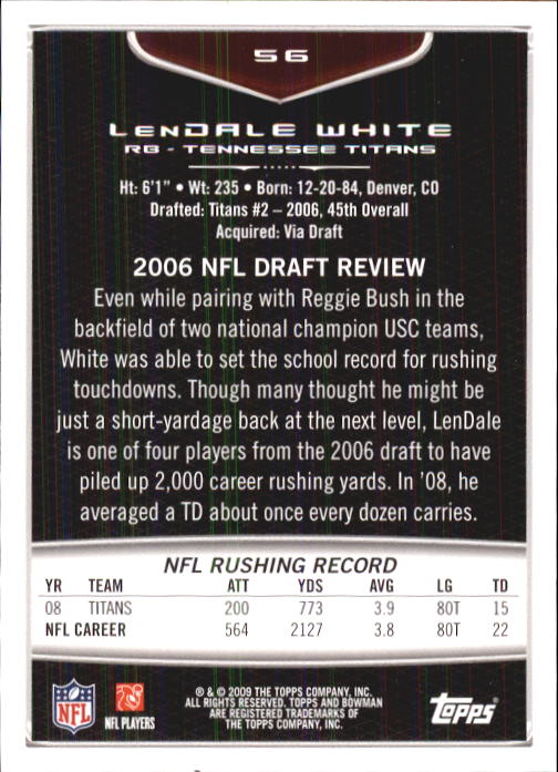 2009 Bowman Draft #56 LenDale White back image