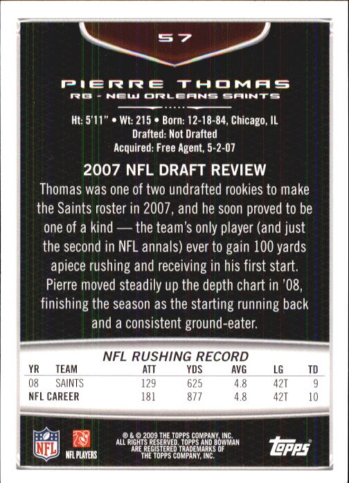 2009 Bowman Draft #57 Pierre Thomas back image