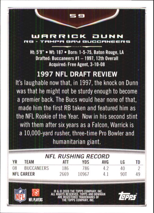 2009 Bowman Draft #59 Warrick Dunn back image