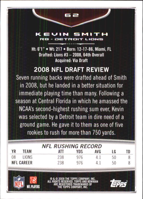 2009 Bowman Draft #62 Kevin Smith back image