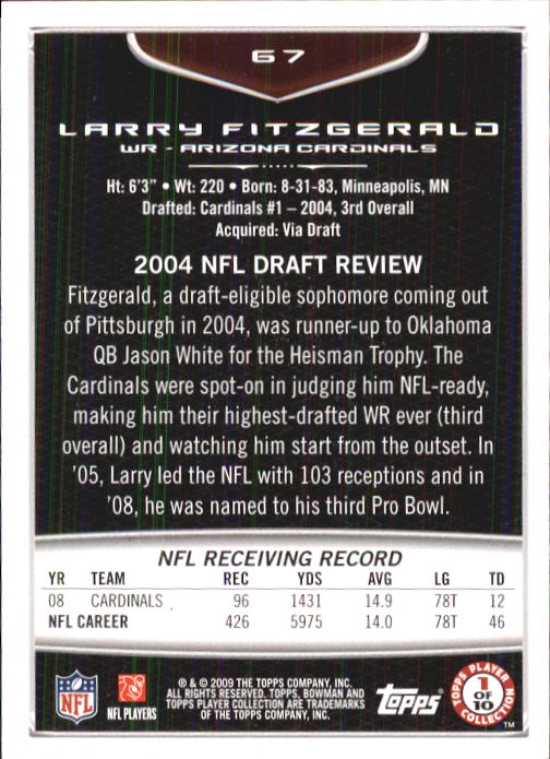 2009 Bowman Draft #67 Larry Fitzgerald back image