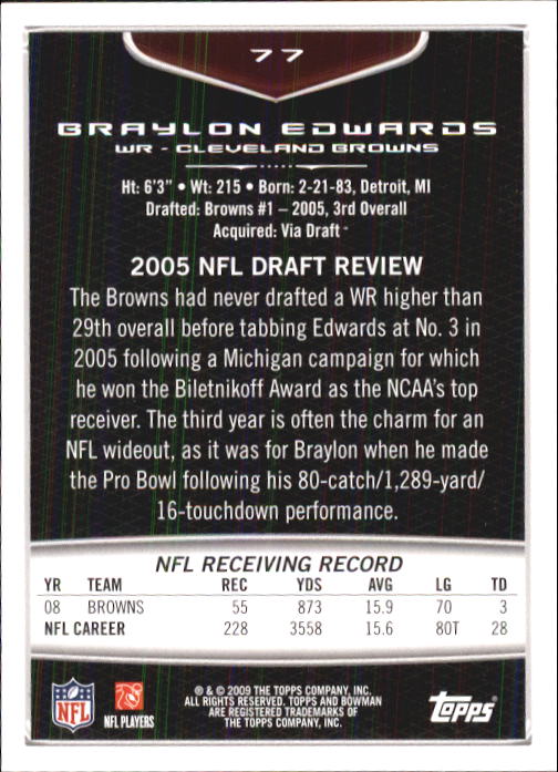 2009 Bowman Draft #77 Braylon Edwards back image