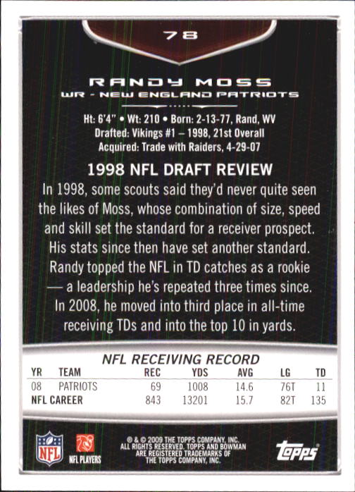 2009 Bowman Draft #78 Randy Moss back image