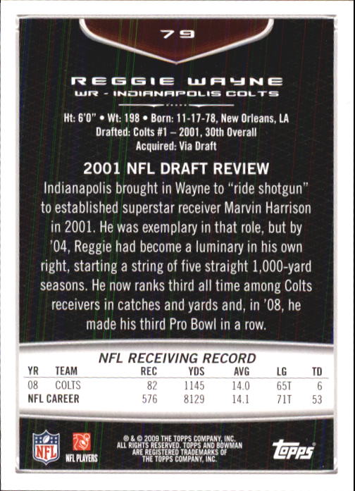 2009 Bowman Draft #79 Reggie Wayne back image