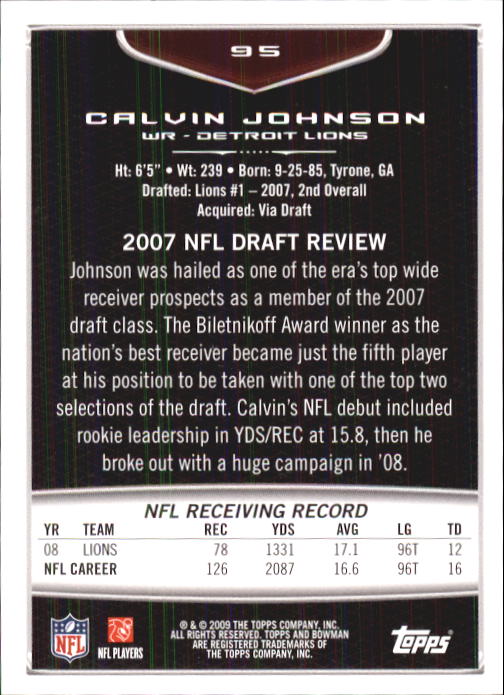 2009 Bowman Draft #95 Calvin Johnson back image