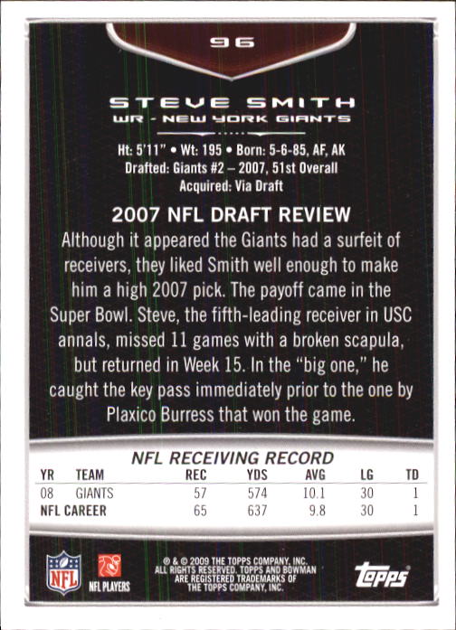 2009 Bowman Draft #96 Steve Smith USC back image