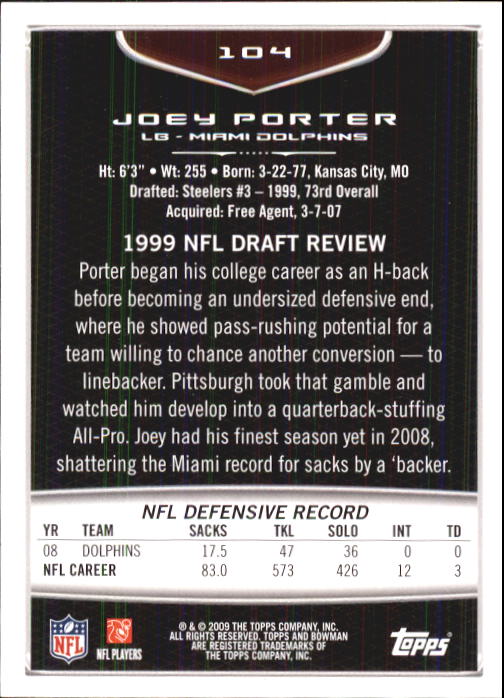 2009 Bowman Draft #104 Joey Porter back image