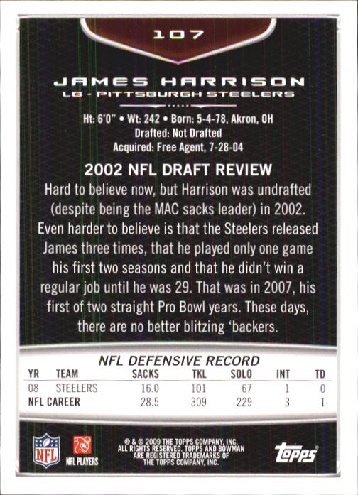 2009 Bowman Draft #107 James Harrison back image