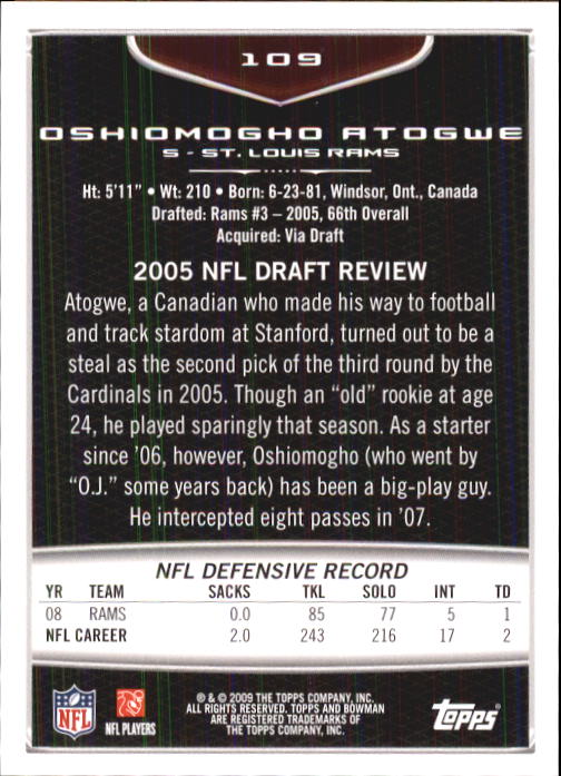 2009 Bowman Draft #109 Oshiomogho Atogwe back image
