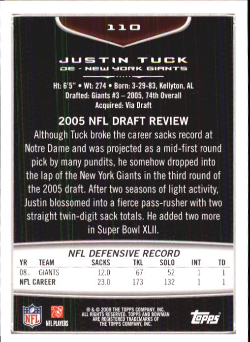 2009 Bowman Draft #110 Justin Tuck back image