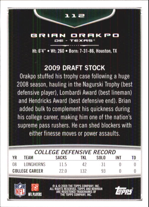 2009 Bowman Draft #112 Brian Orakpo RC back image