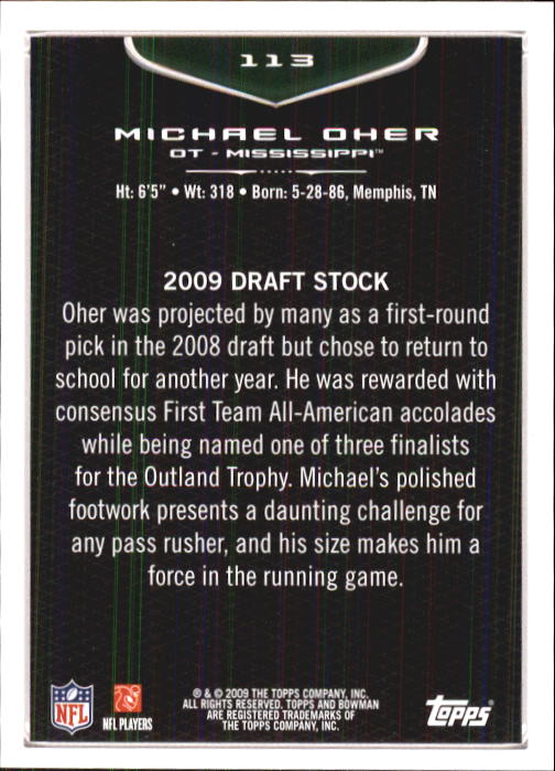 2009 Bowman Draft #113 Michael Oher RC back image