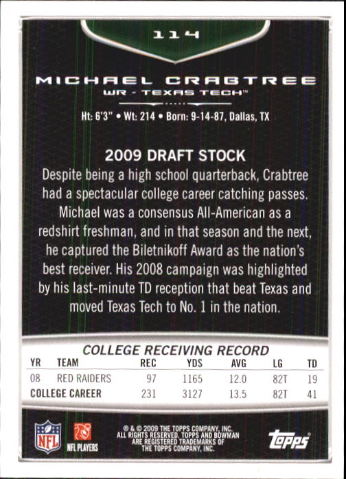 2009 Bowman Draft #114 Michael Crabtree RC back image