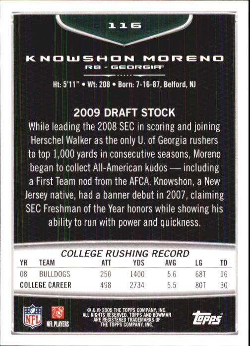 2009 Bowman Draft #116 Knowshon Moreno RC back image
