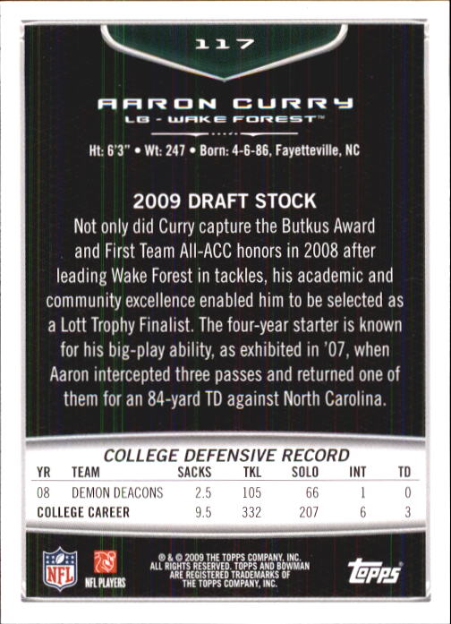 2009 Bowman Draft #117 Aaron Curry RC back image