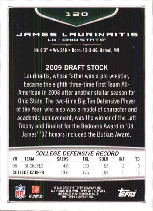 2009 Bowman Draft #120 James Laurinaitis RC back image