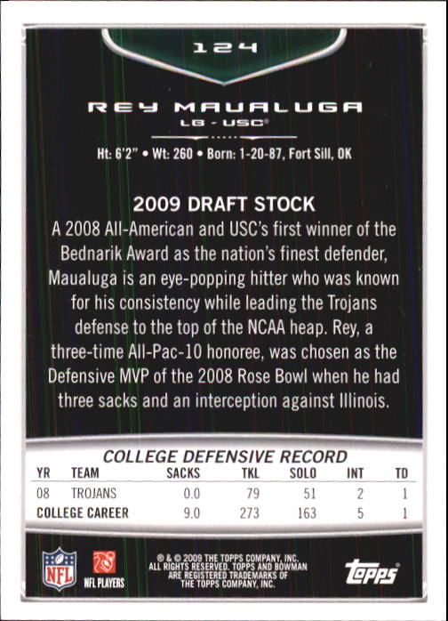 2009 Bowman Draft #124 Rey Maualuga RC back image