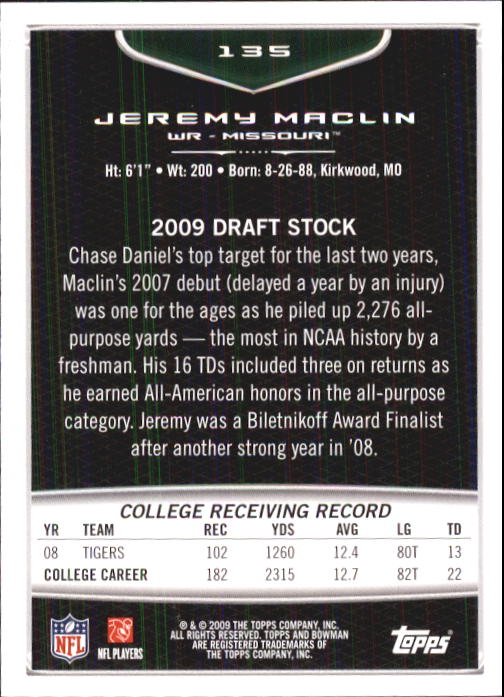 2009 Bowman Draft #135 Jeremy Maclin RC back image