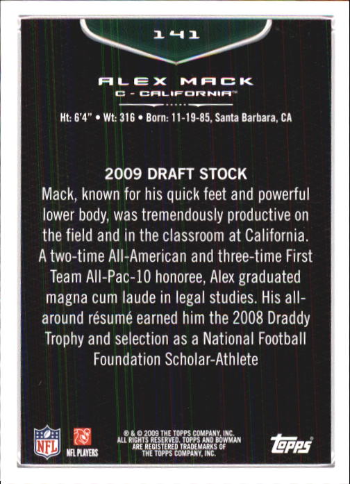 2009 Bowman Draft #141 Alex Mack RC back image