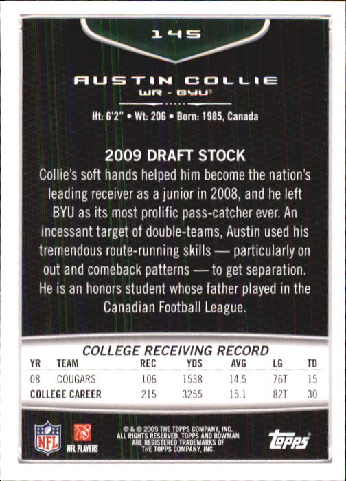 2009 Bowman Draft #145 Austin Collie RC back image