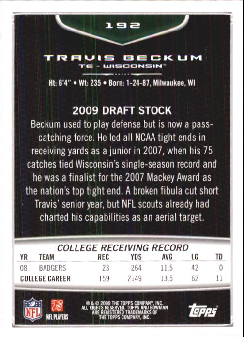 2009 Bowman Draft #192 Travis Beckum RC back image