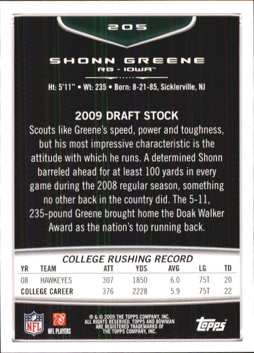 2009 Bowman Draft #205 Shonn Greene RC back image