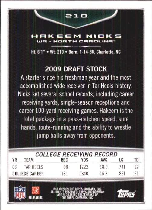 2009 Bowman Draft #210 Hakeem Nicks RC back image