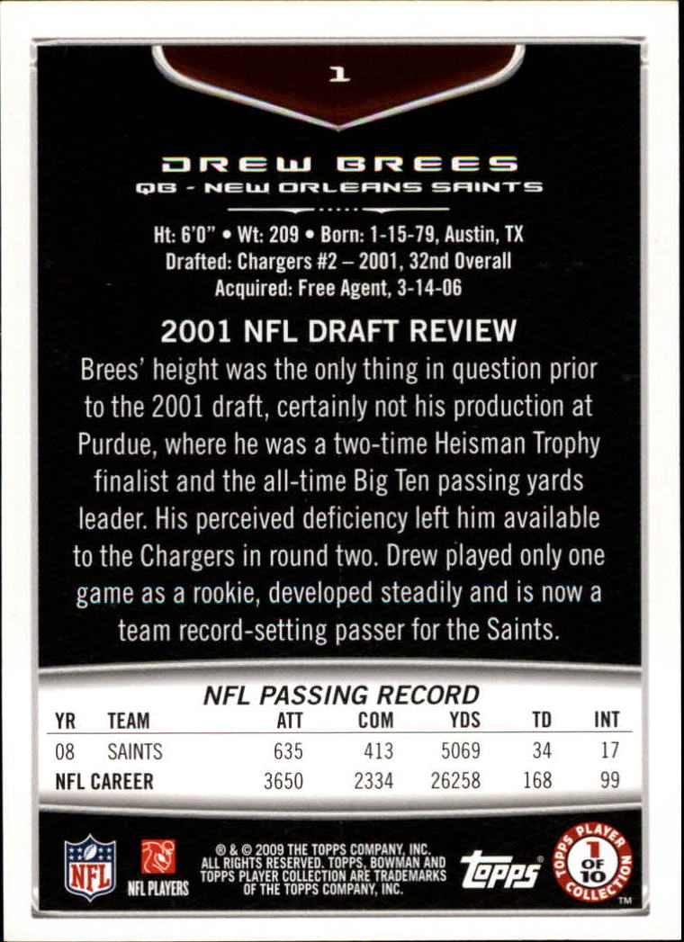 2009 Bowman Draft Orange #1 Drew Brees back image