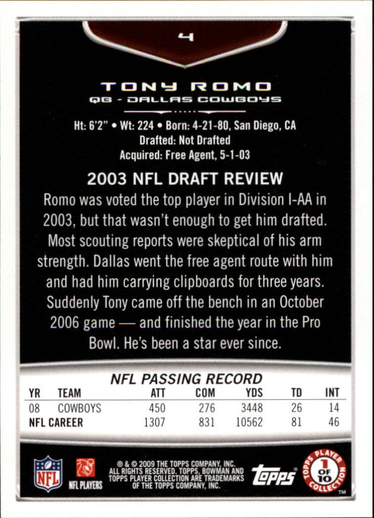 2009 Bowman Draft Orange #4 Tony Romo back image