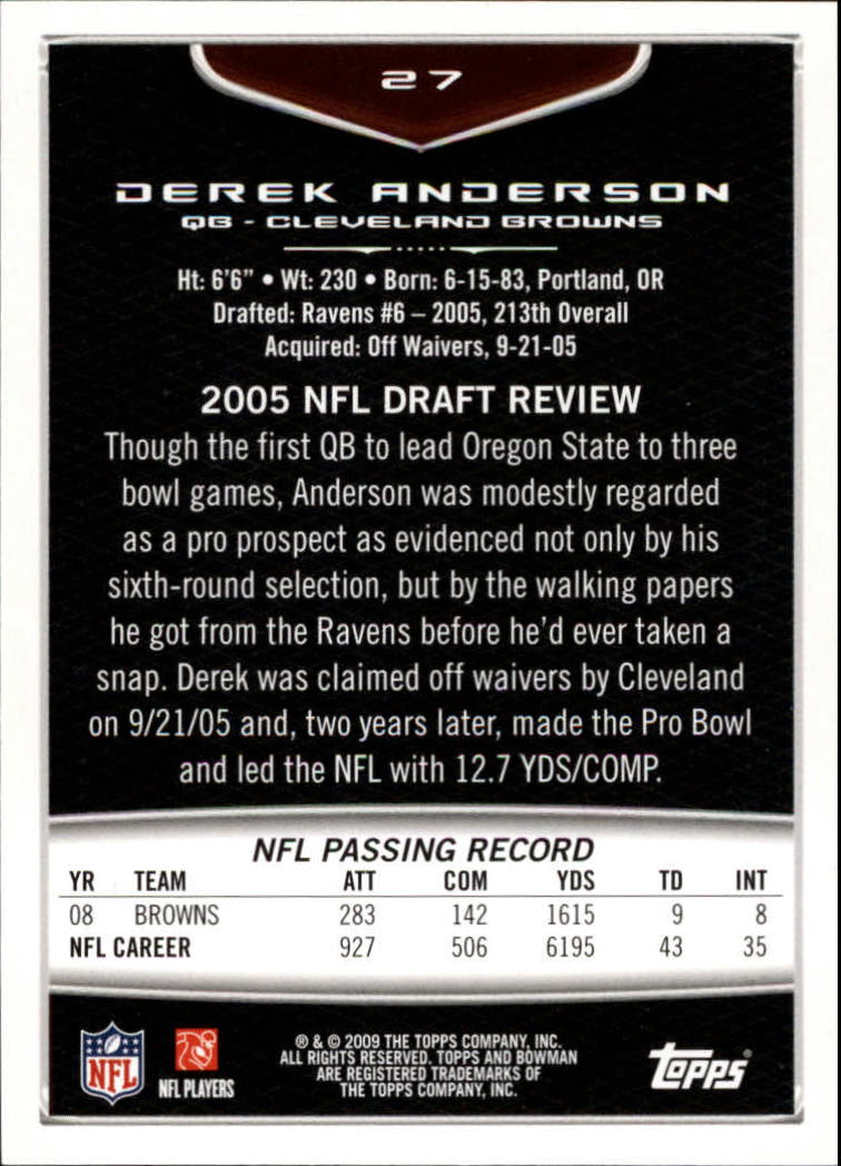 2009 Bowman Draft Orange #27 Derek Anderson back image