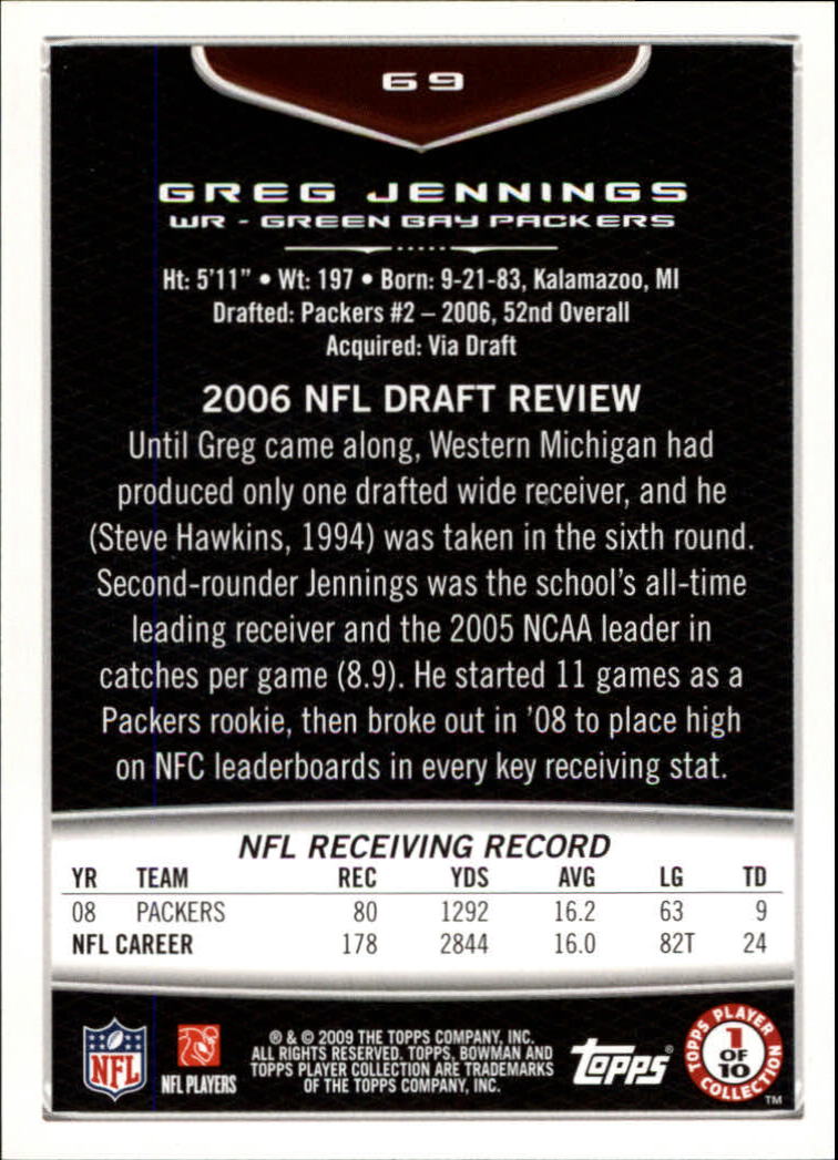 2009 Bowman Draft Orange #69 Greg Jennings back image