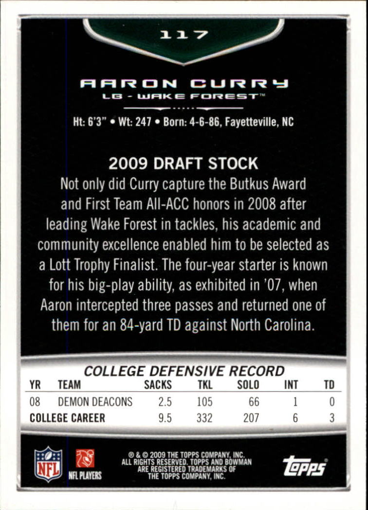 2009 Bowman Draft Orange #117 Aaron Curry back image