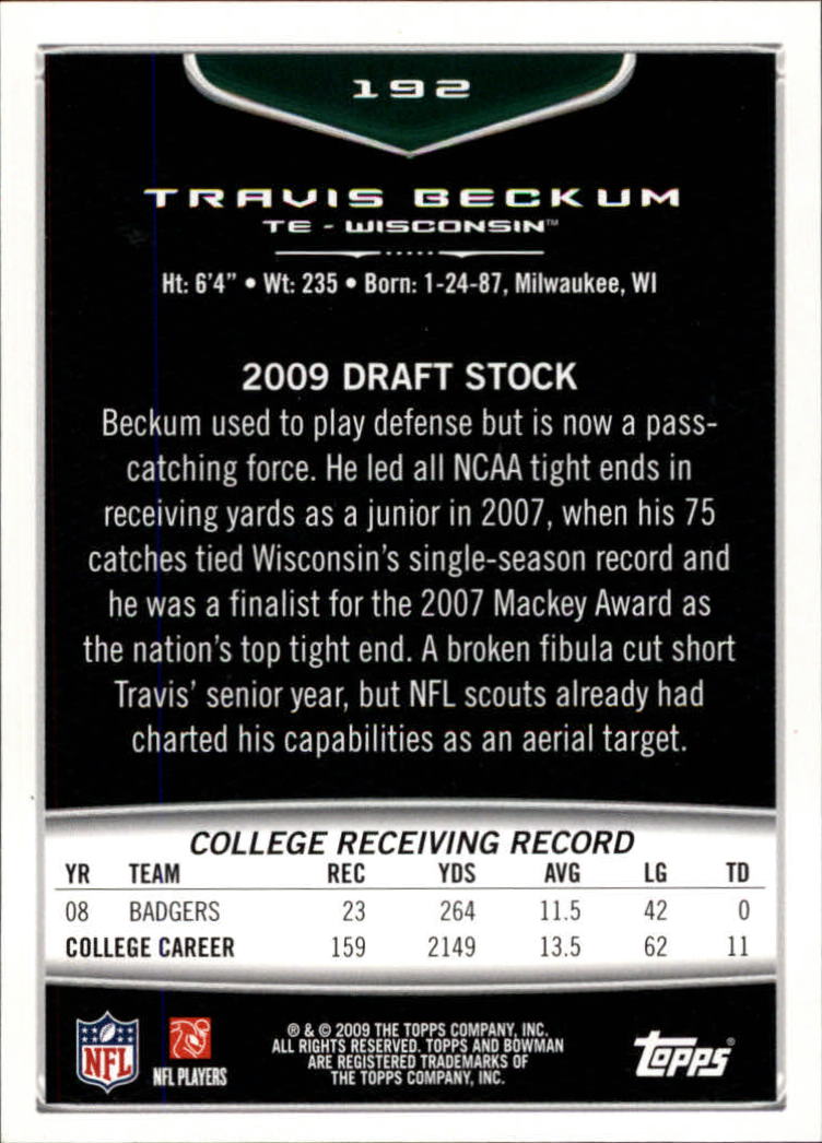 2009 Bowman Draft Orange #192 Travis Beckum back image