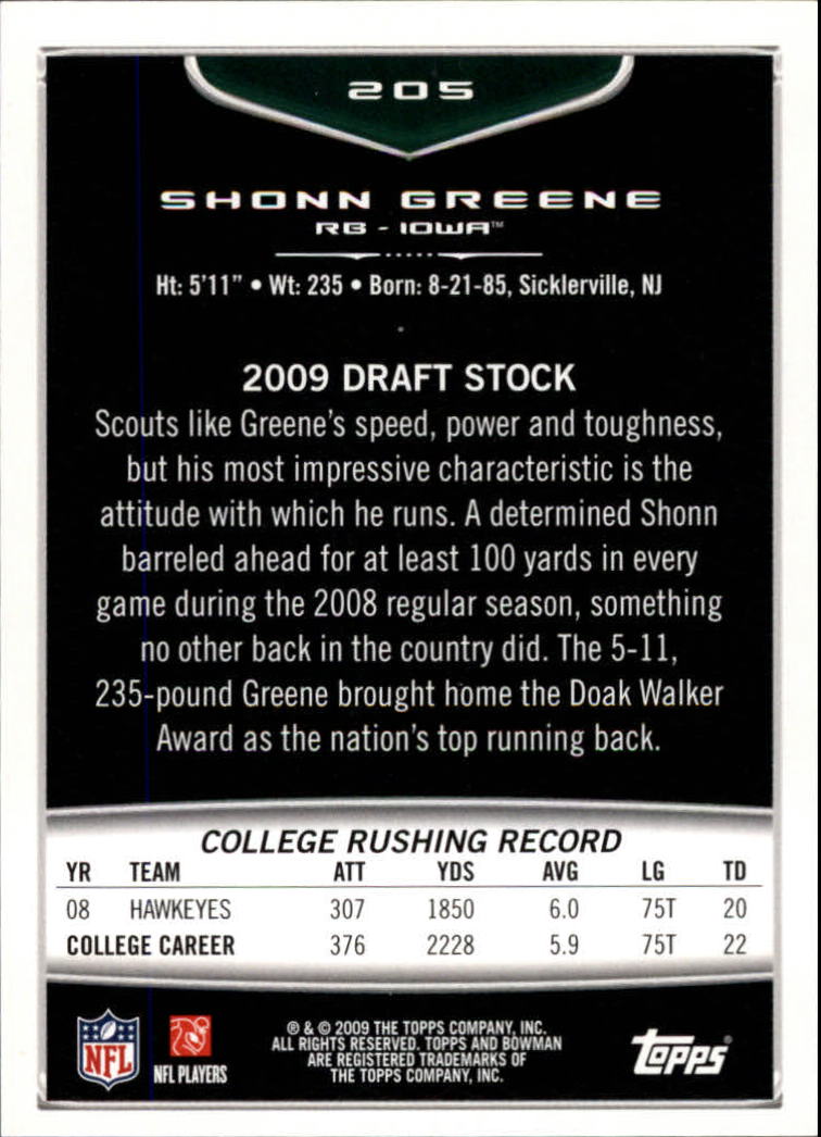 2009 Bowman Draft Orange #205 Shonn Greene back image