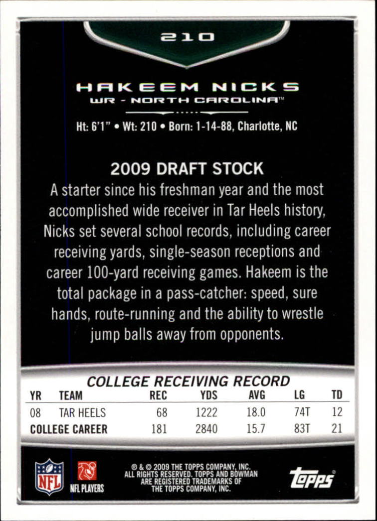 2009 Bowman Draft Orange #210 Hakeem Nicks back image
