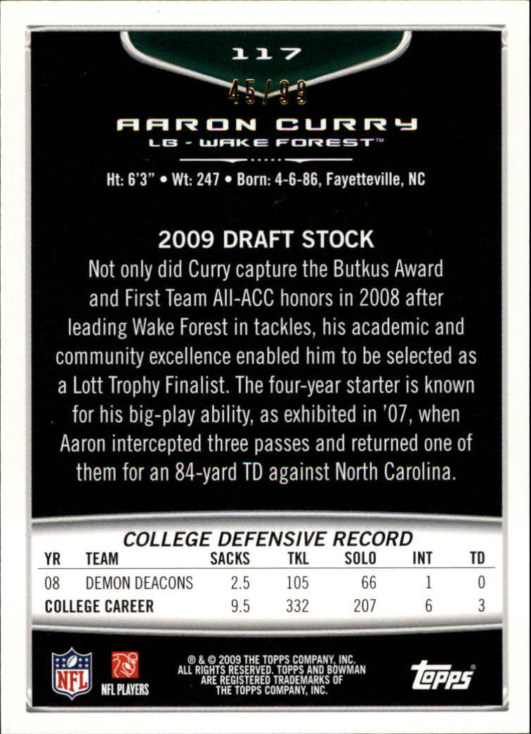 2009 Bowman Draft Bronze #117 Aaron Curry back image
