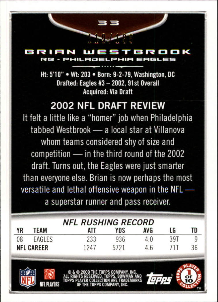 2009 Bowman Draft Blue #33 Brian Westbrook back image