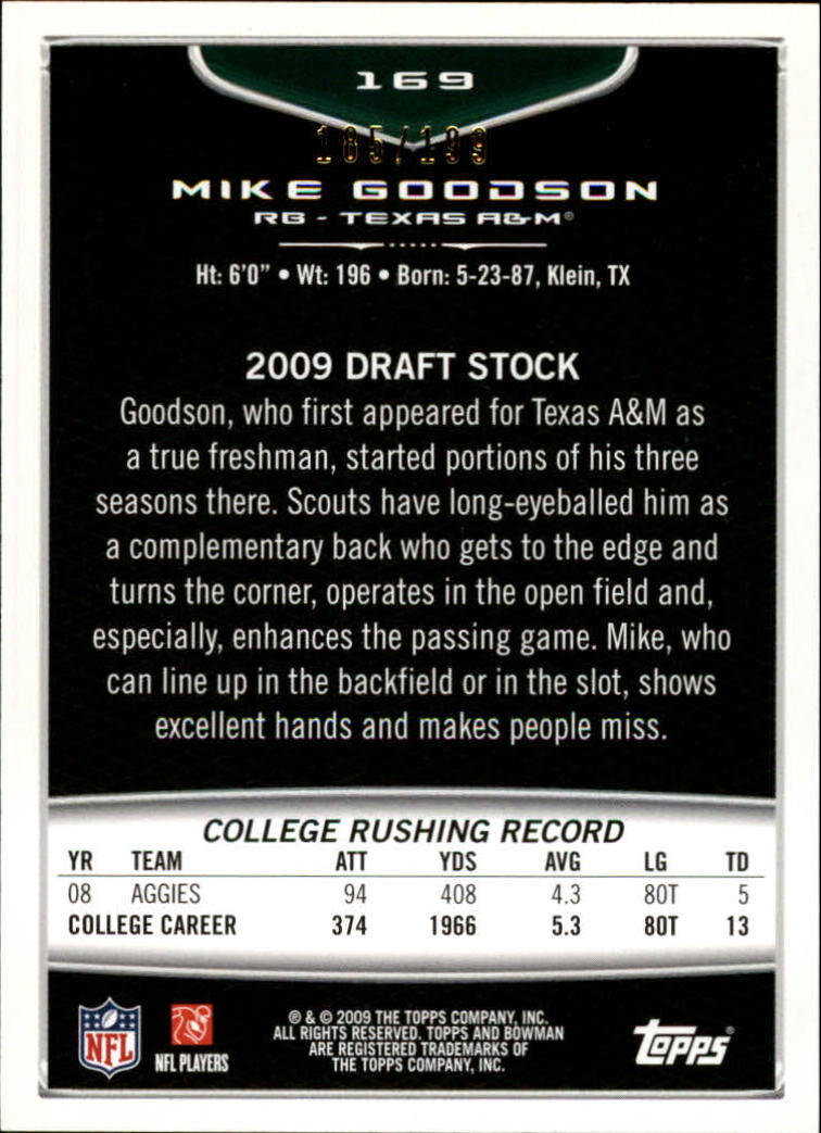 2009 Bowman Draft Blue #169 Mike Goodson back image