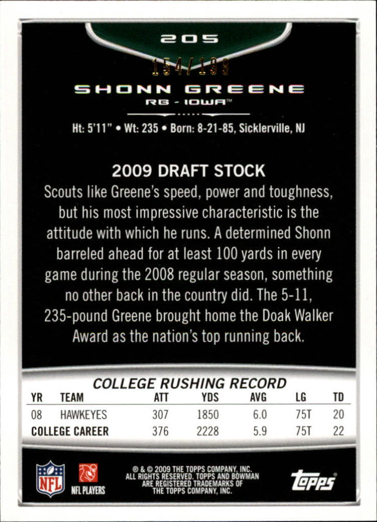 2009 Bowman Draft Blue #205 Shonn Greene back image