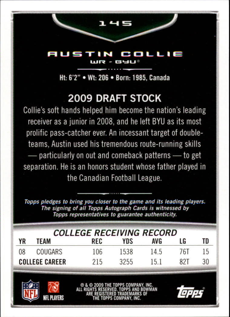 2009 Bowman Draft Rookie Autographs #145 Austin Collie E back image