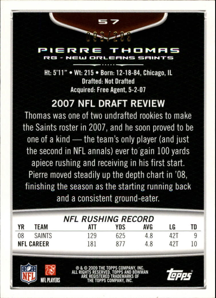 2009 Bowman Draft White #57 Pierre Thomas back image