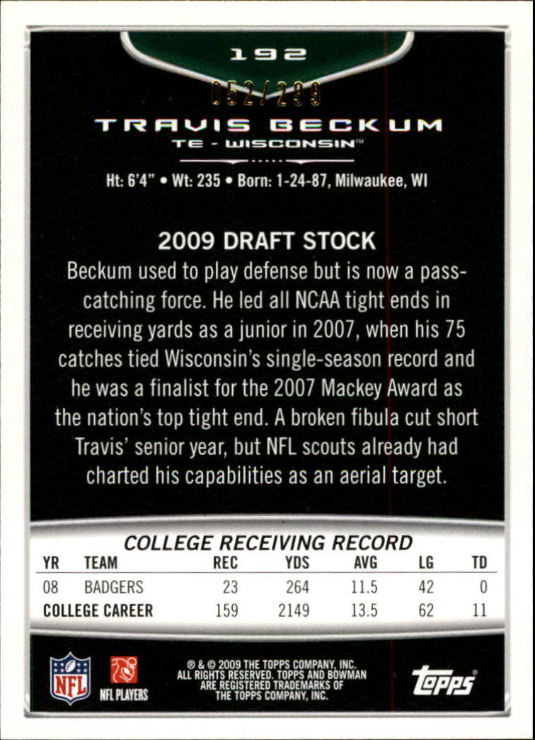 2009 Bowman Draft White #192 Travis Beckum back image