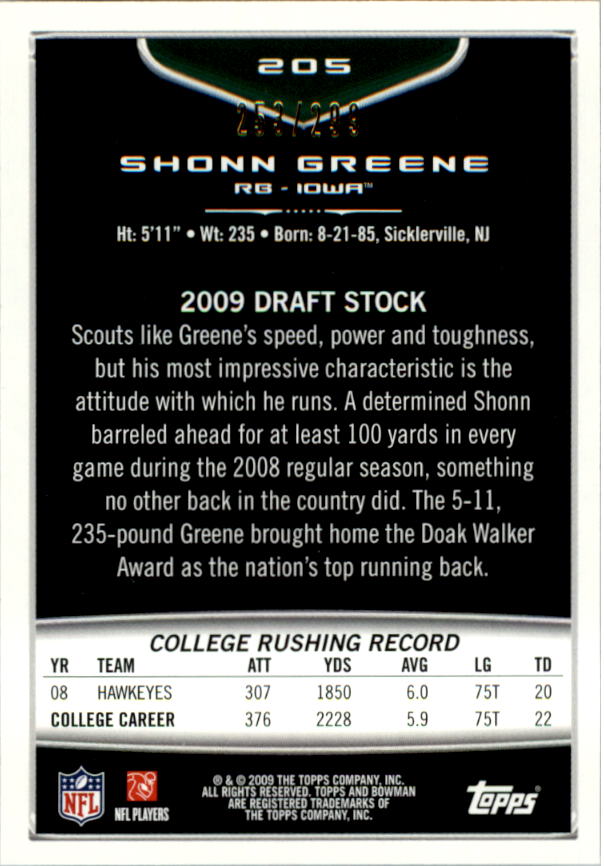 2009 Bowman Draft White #205 Shonn Greene back image