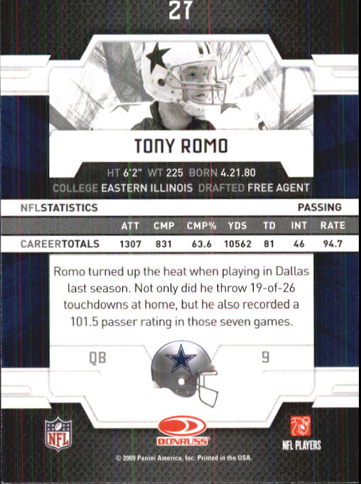 2009 Donruss Elite #27 Tony Romo back image