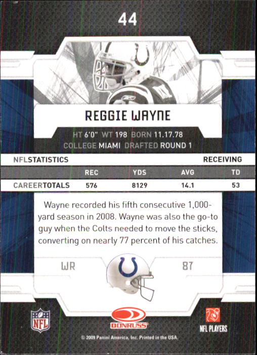 2009 Donruss Elite #44 Reggie Wayne back image