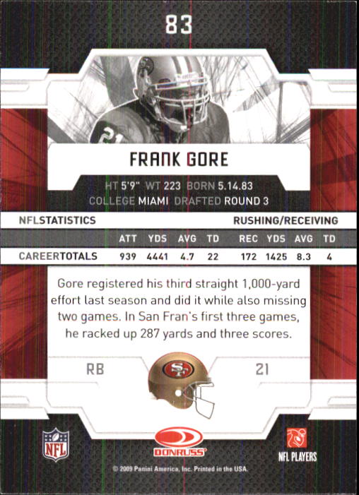 2009 Donruss Elite #83 Frank Gore back image