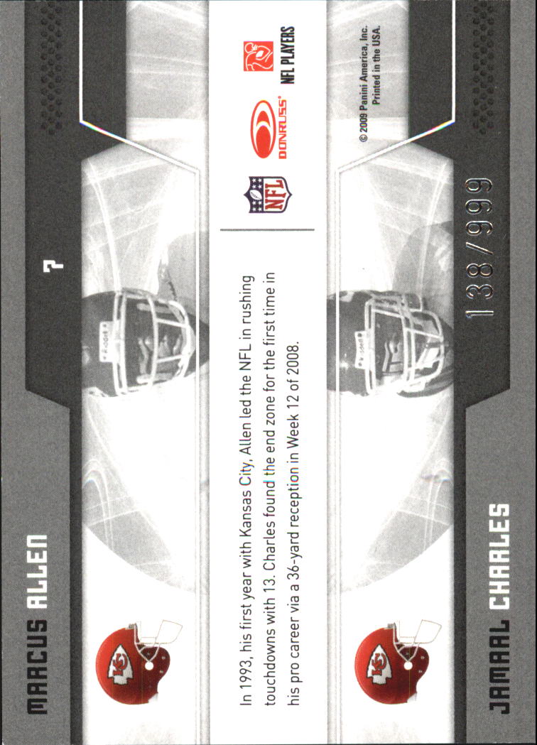 2009 Donruss Elite Passing the Torch Red #7 Marcus Allen/Jamaal Charles back image